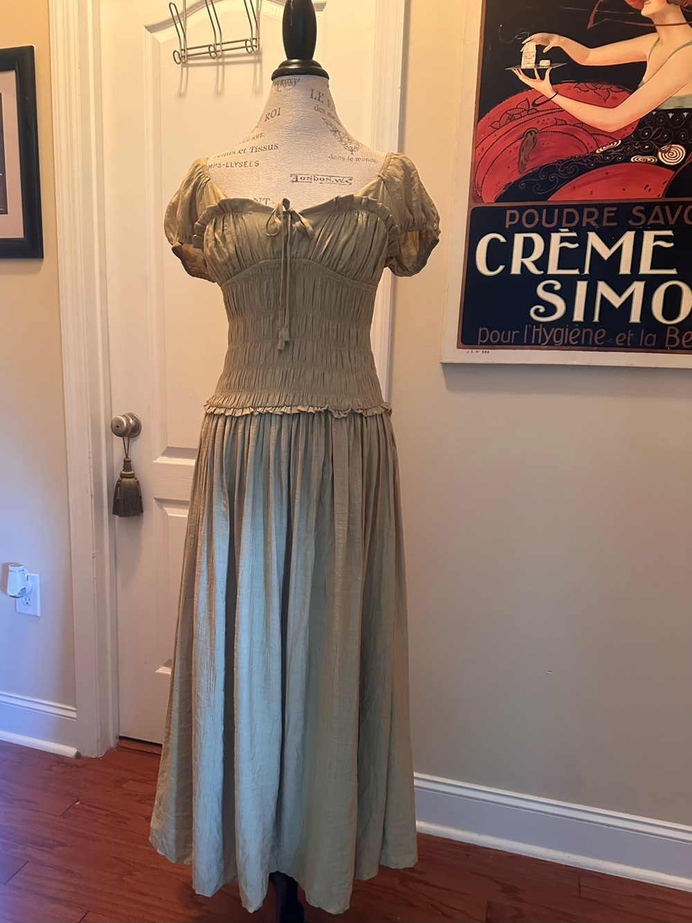 Source Unknown Sage Green Smocked Maxi Dress with Puff Sleeves and Tie